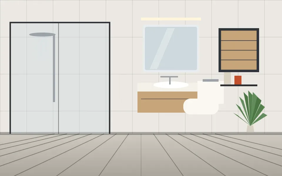Büyük format seramikli, cam duşakabinli yenilenmiş banyo